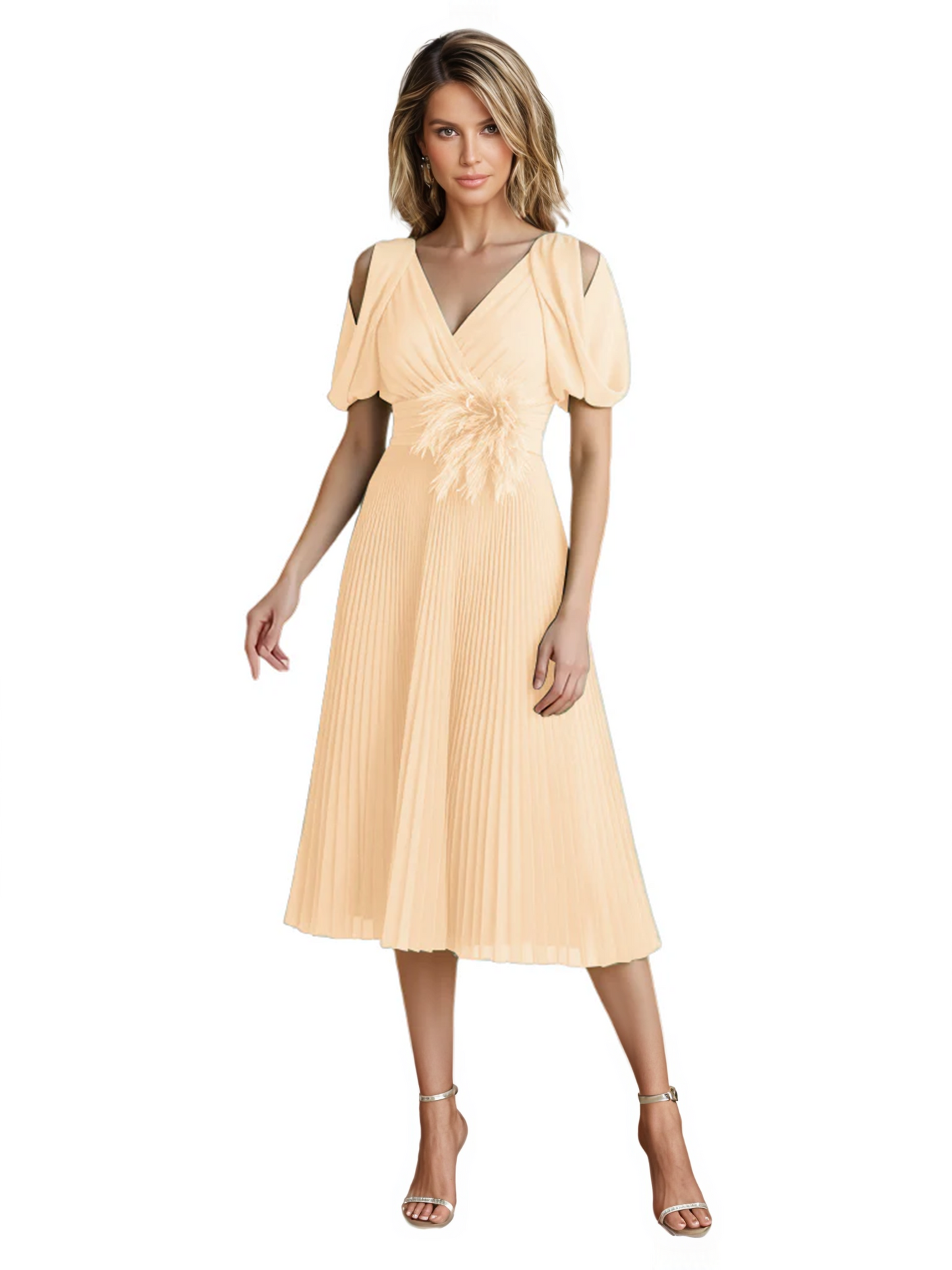 Wedding Formal Dress V-Neck Pleated Chiffon Gown with 3D Flower Accent Knee Length