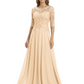 Illusion Neck Mother of the Bride Dress Half Sleeve Lace Applique Gowns Chiffon