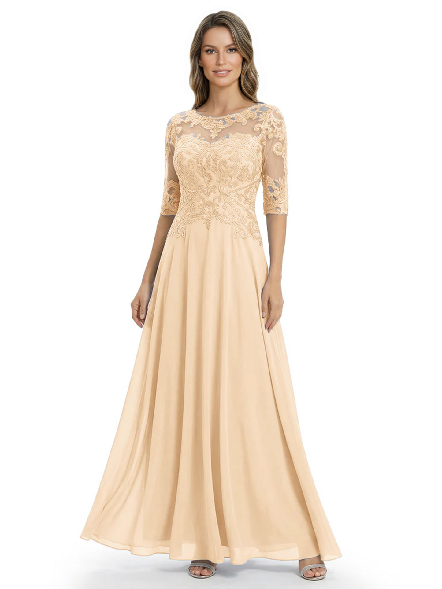 Illusion Neck Mother of the Bride Dress Half Sleeve Lace Applique Gowns Chiffon