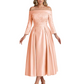 Off Shoulder Mother of the Bride Dress Tea-Length Satin Gown with Lace Applique