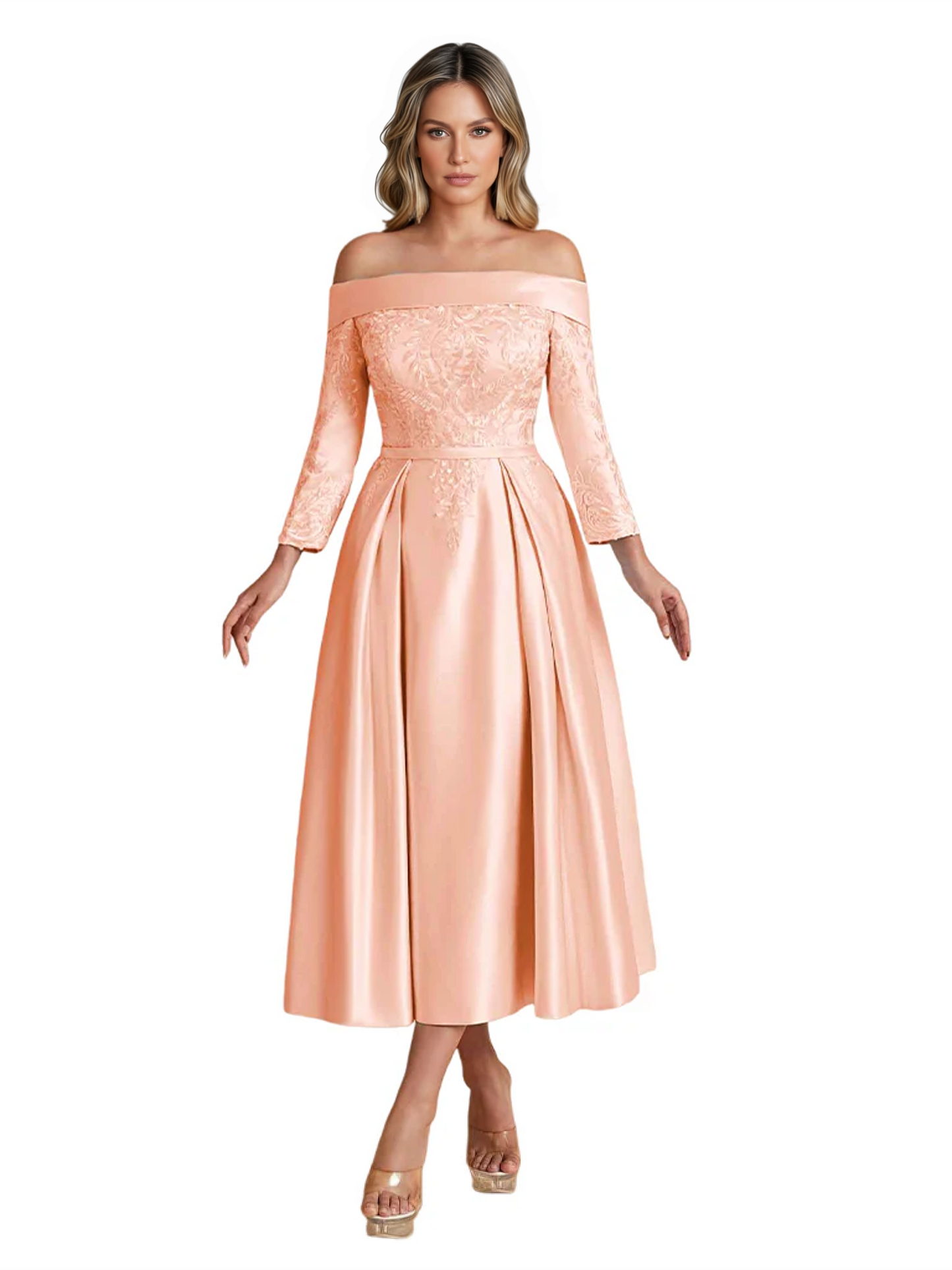 Off Shoulder Mother of the Bride Dress Tea-Length Satin Gown with Lace Applique