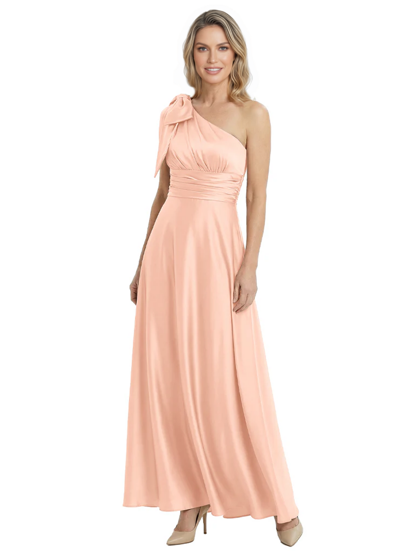 One-Shoulder Mother of the Bride Dress Satin Gown with Bow Ruched Empire Waist