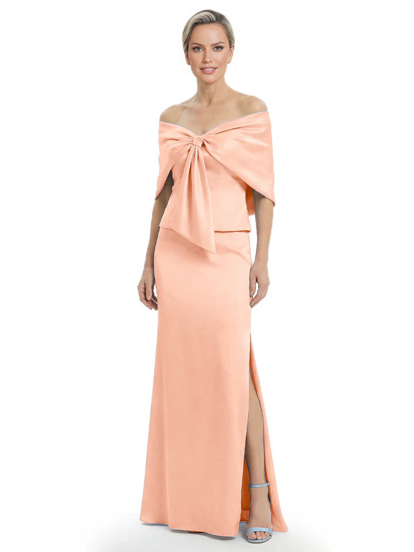 Formal Floor-Length Mother of the Bride Gown Satin Maxi Dress with Bow Neckline