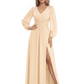 A-Line Mother of Bride Dress V-Neck Chiffon Gown Long Sleeves Slit Formal Dress