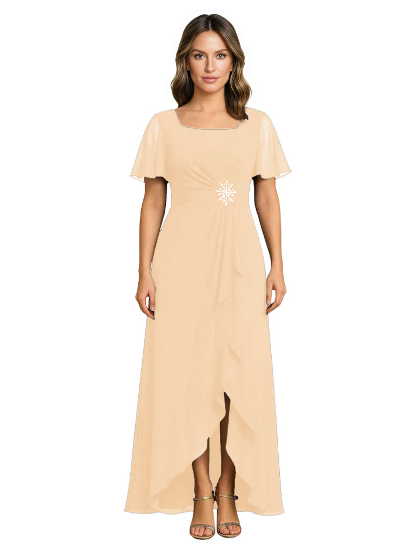 Formal High-Low Mother of the Bride Gown Sleeved Chiffon Maxi Dress Ruched Waist