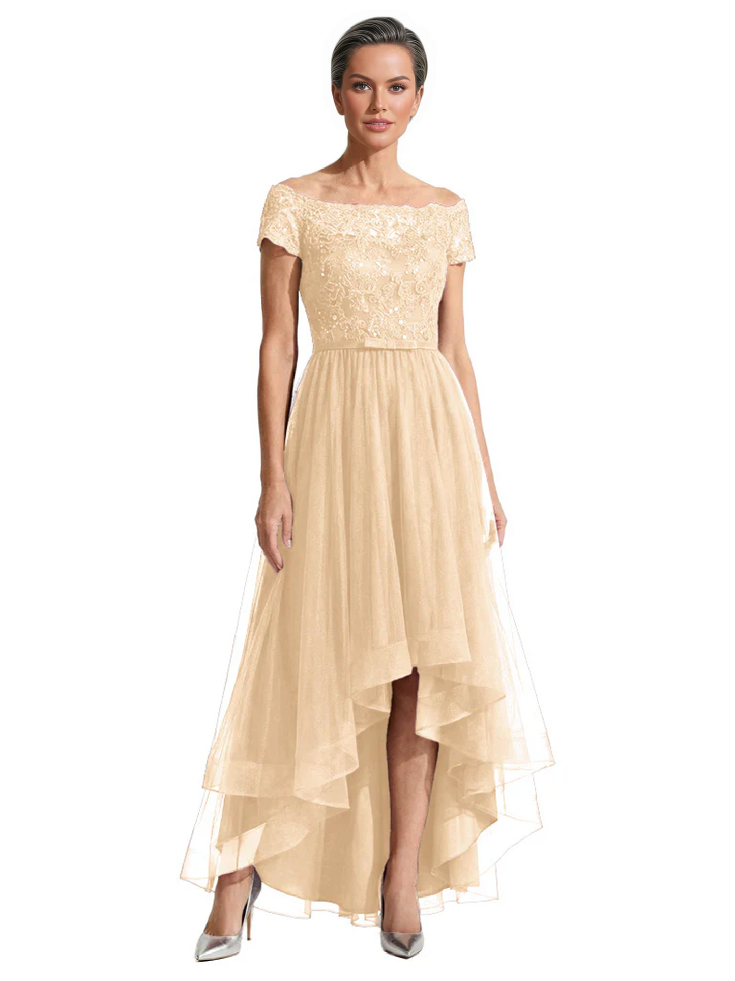 Formal High-Low Mother of the Bride Gown Short Sleeve Lace Maxi Dress with Tiered Skirt