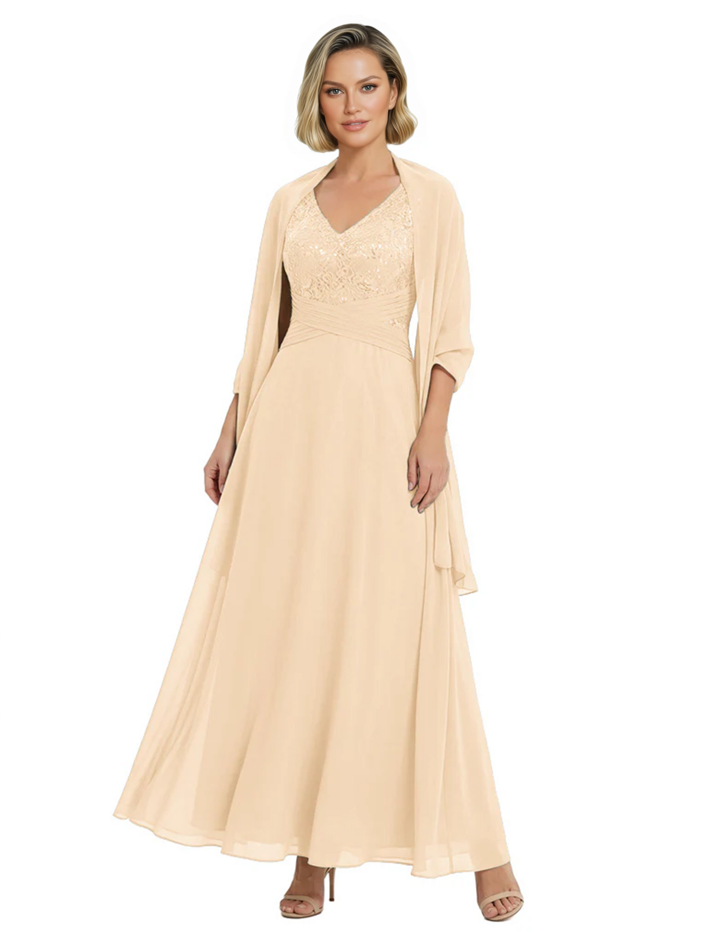 Luxury Formal Mother of Bride Dress Sparkling Sequin Top & Flowy Chiffon Skirt with Shawl