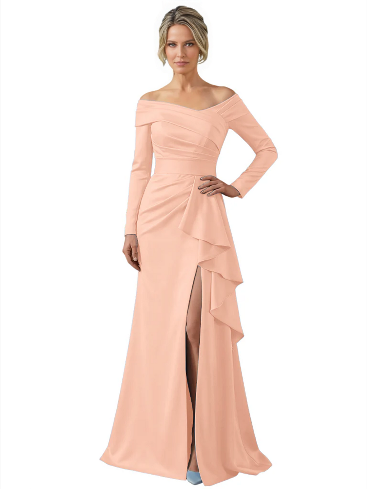 Elegant Mother of the Groom Dress Cascading Ruffle Satin Gown with High Slit Long Sleeves