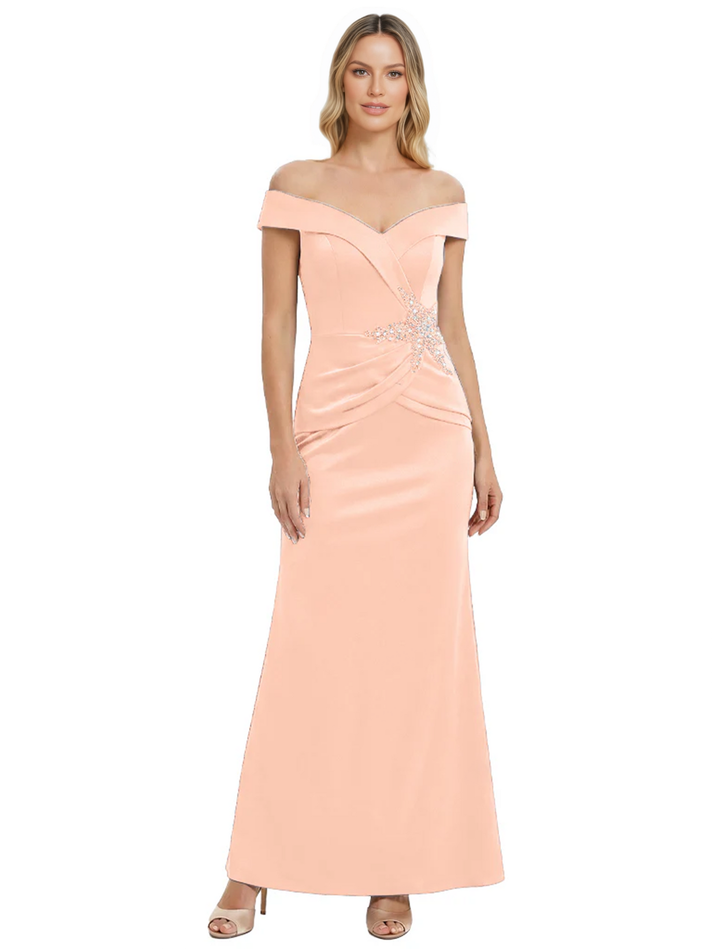 Off Shoulder Mother of the Bride Dress Beaded Waist Satin Gown Portrait Neckline