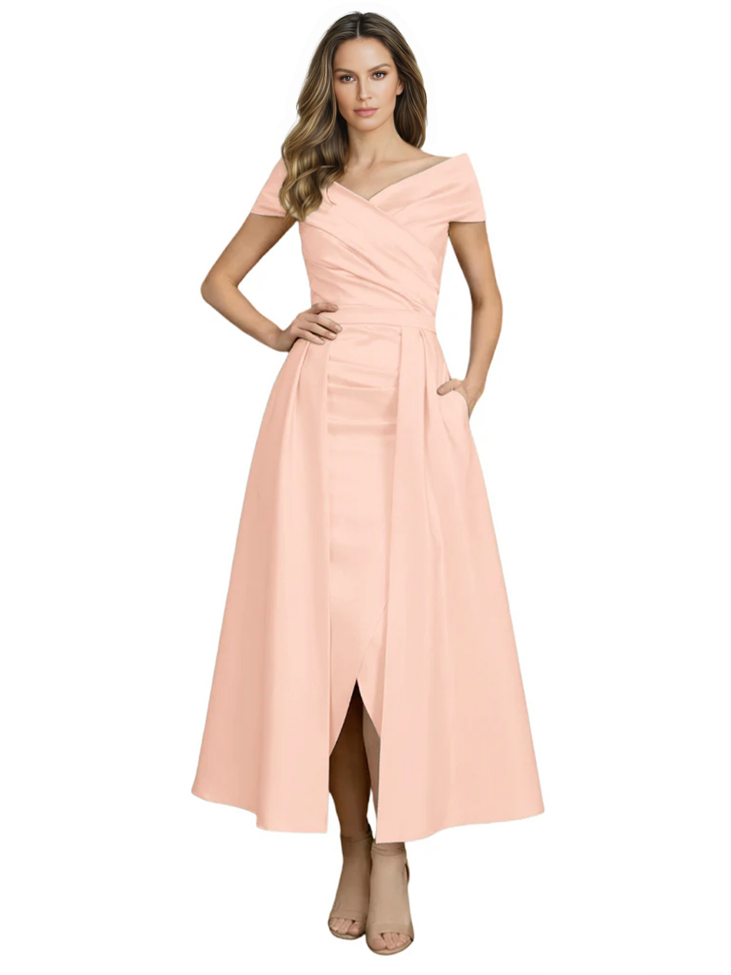 Formal Floor-Length Mother of the Bride Gown Satin Maxi Dress with Slit Off Shoulder