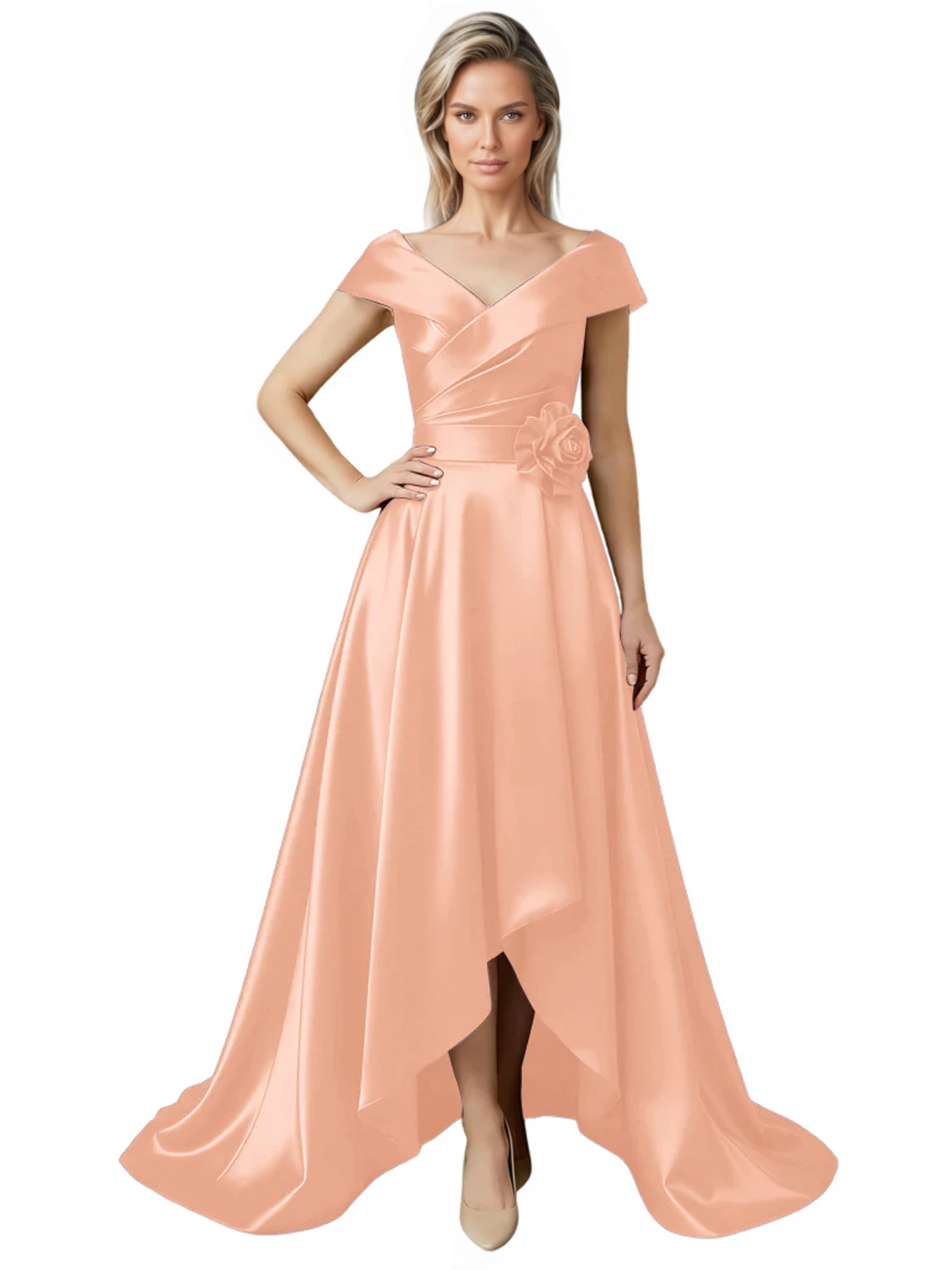 Off Shoulder Mother of the Bride Dress High-Low Satin Gown with Portrait Neckline