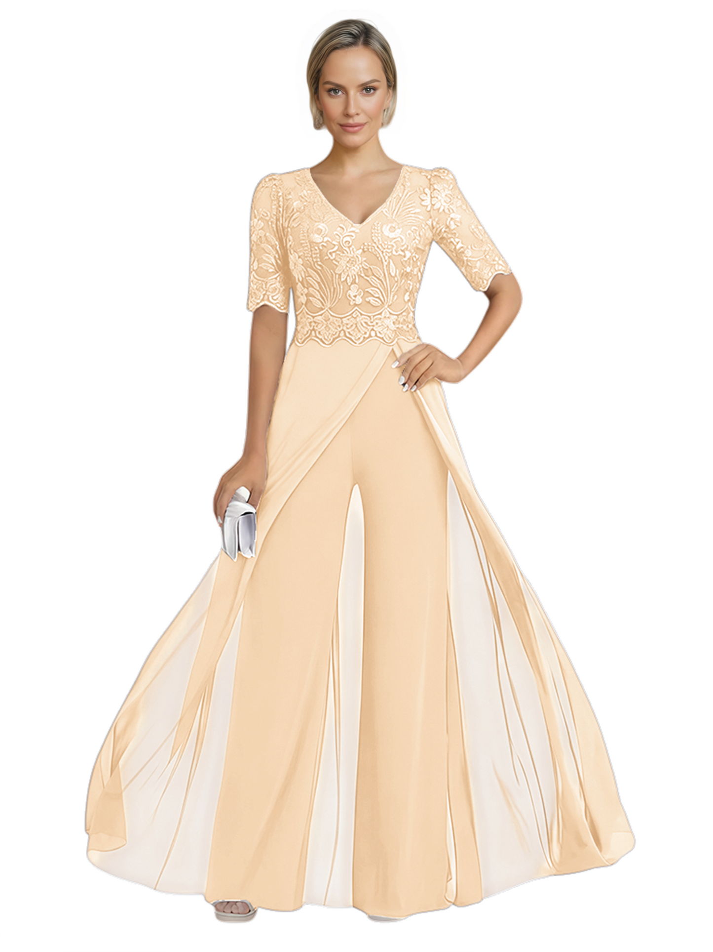 V-Neck Chiffon Mother of the Brides Jumpsuits Dresses Floor Length A-Line Lace