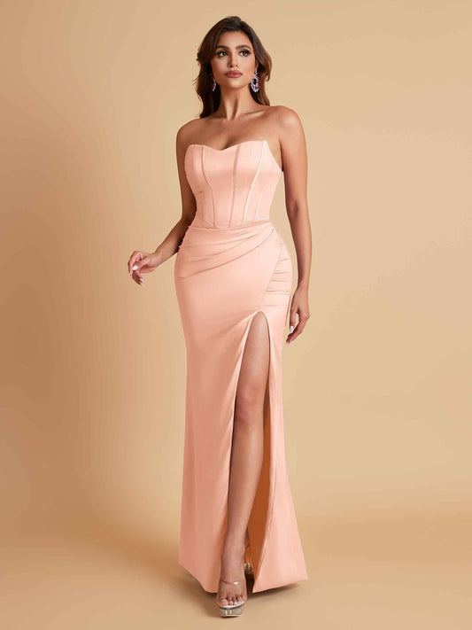 Sexy Strapless Soft Satin Side Slit Floor-Length Mermaid Bridesmaid Dresses