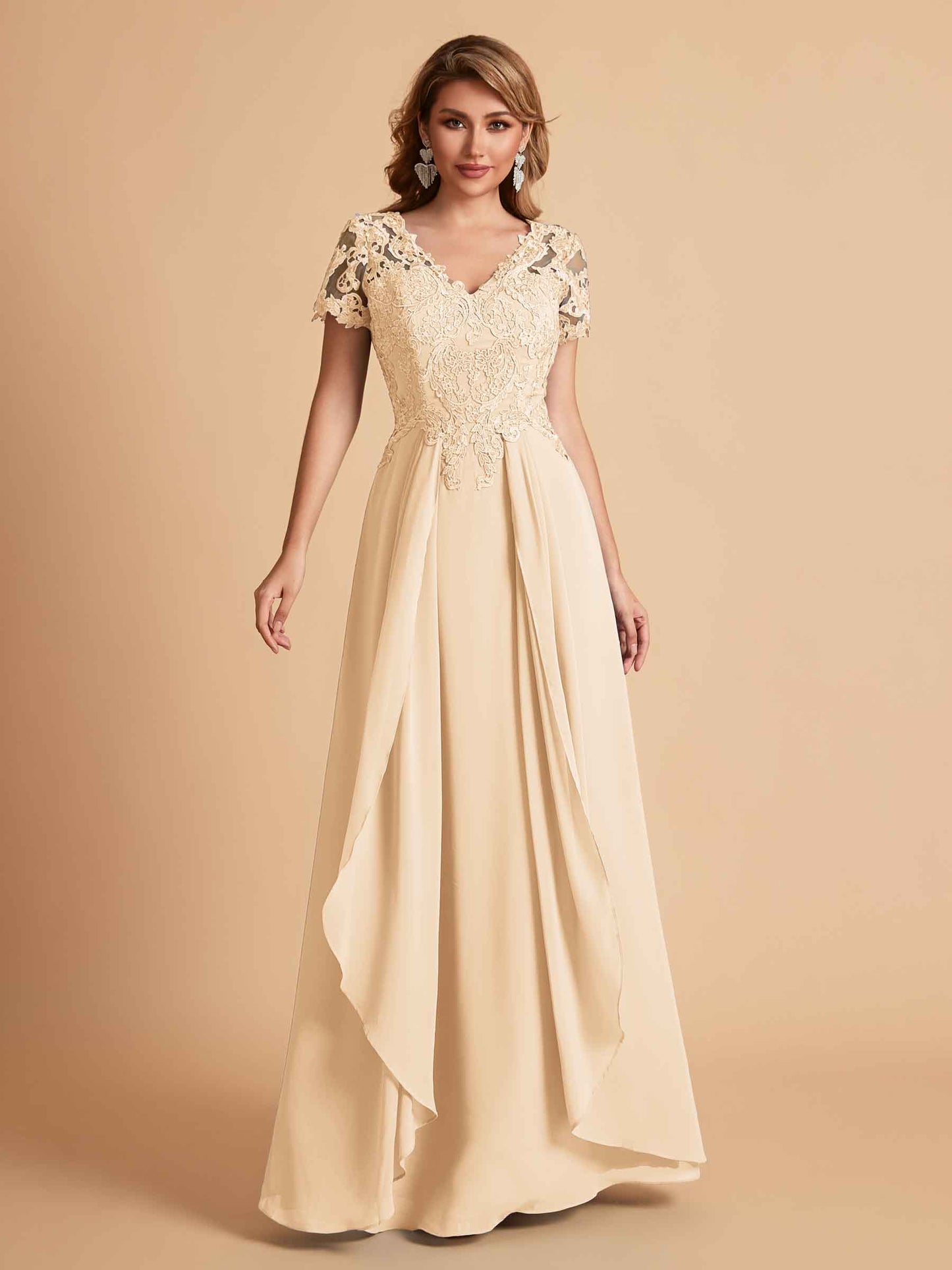 Elegant A-Line Chiffon Short Sleeves V-neck Mother of the Brides Dresses Lace Top MOB Dresses