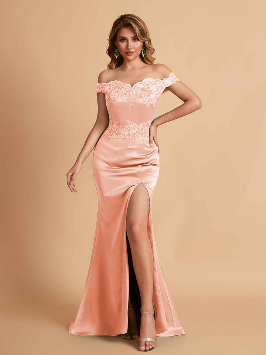 Elegant Satin Off Shoulder Mermaid Side Slit Floor Length Bridesmaid Dresses