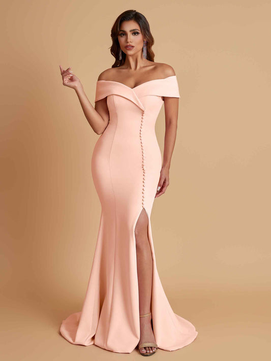 Elegant Soft Satin Mermaid Off Shoulder Side Slit Floor-Length Bridesmaid Dresses