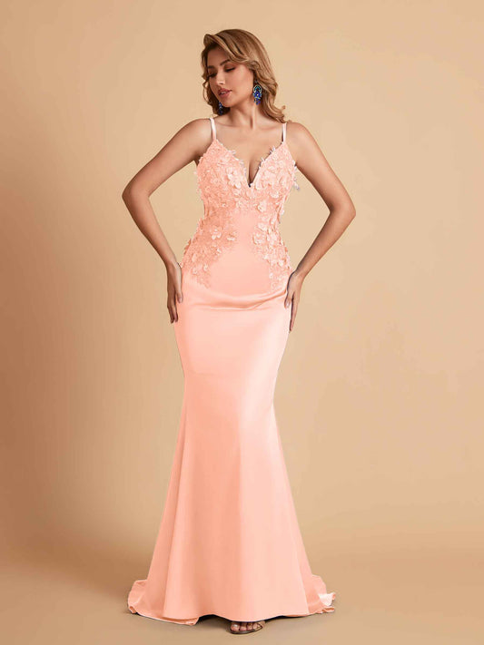 Sexy Satin Spaghetti Straps V-neck Mermaid Floor Length Applique Bridesmaid Dresses
