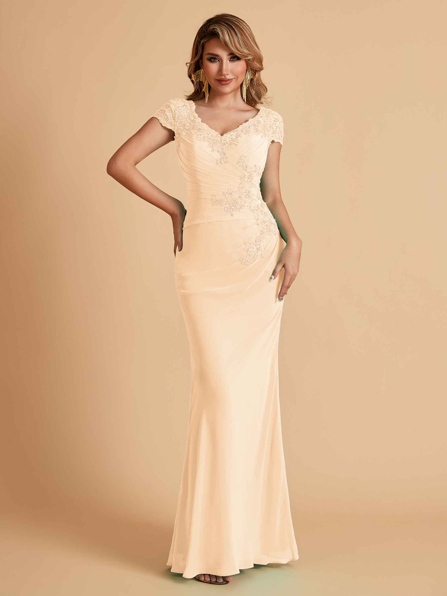 Elegant Mermaid Chiffon Cap Sleeves V-Neck Mother of the Brides Dresses Online