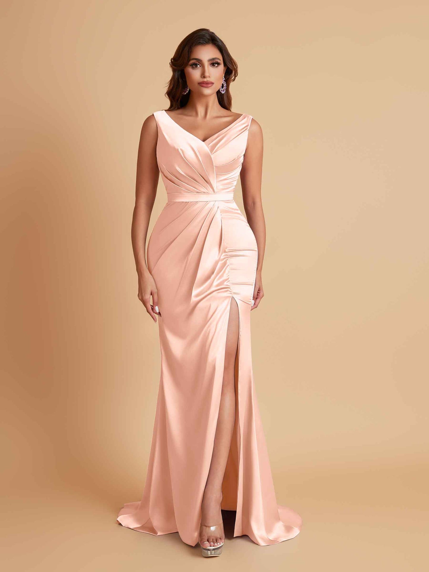 Elegant V Neck Soft Satin Side Slit Floor-Length Mermaid Bridesmaid Dresses
