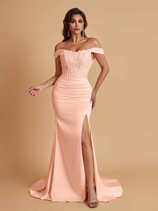Elegant Soft Satin Mermaid Off Shoulder Side Slit Floor-Length Mermaid Bridesmaid Dresses