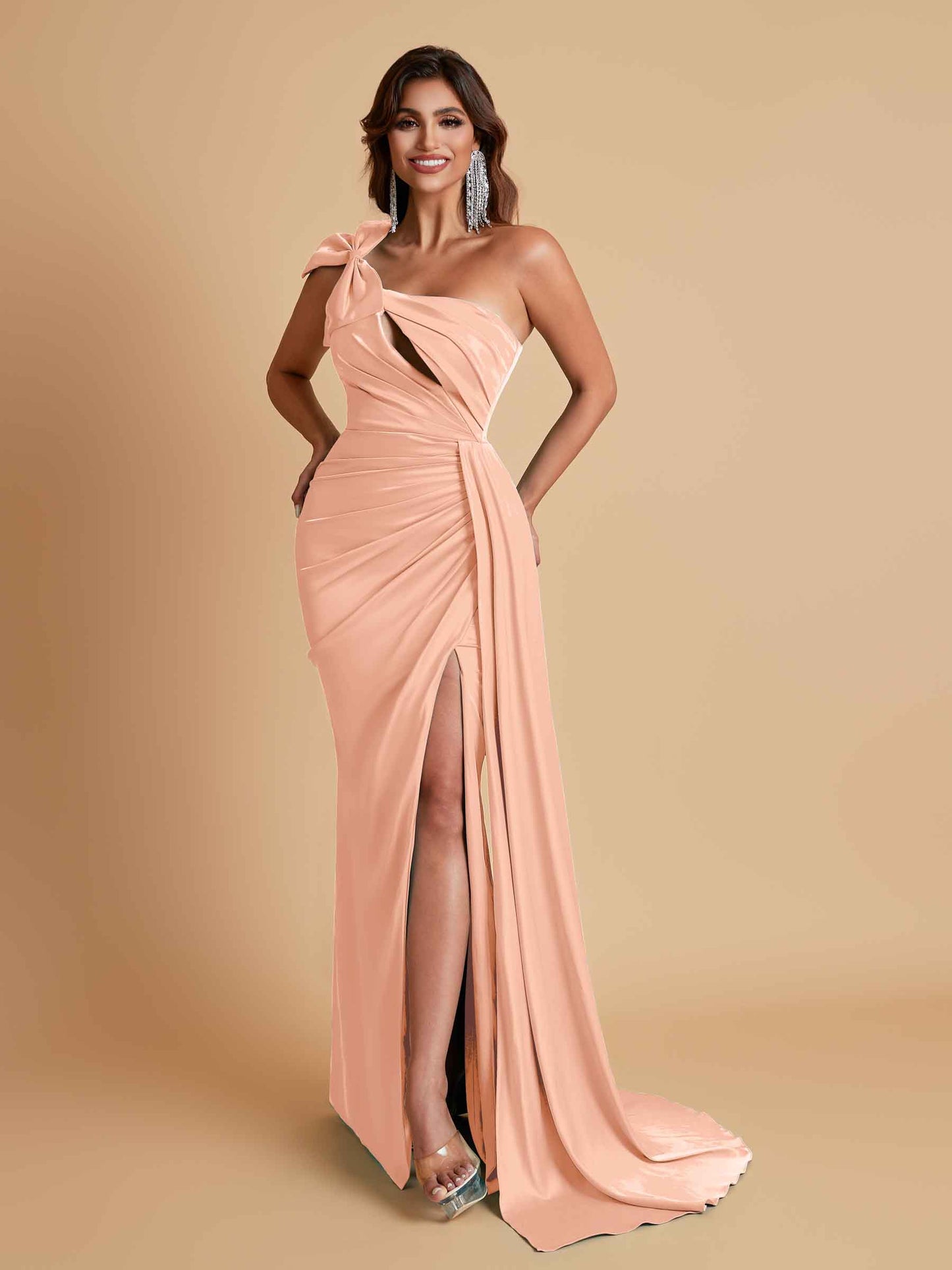 Gorgeous One Shoulder Bow Knot Soft Satin Side Slit Floor-Length Mermaid Bridesmaid Dresses