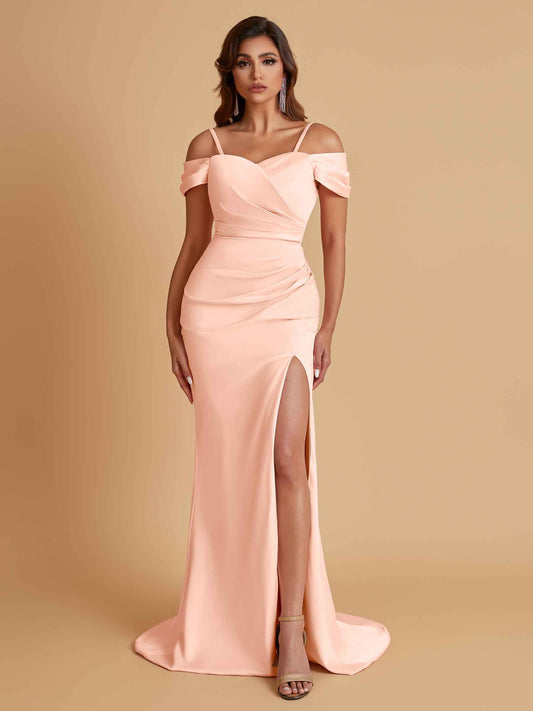 Sexy Soft Satin Mermaid Cold Shoulder Side Slit Floor-Length Bridesmaid Dresses Online