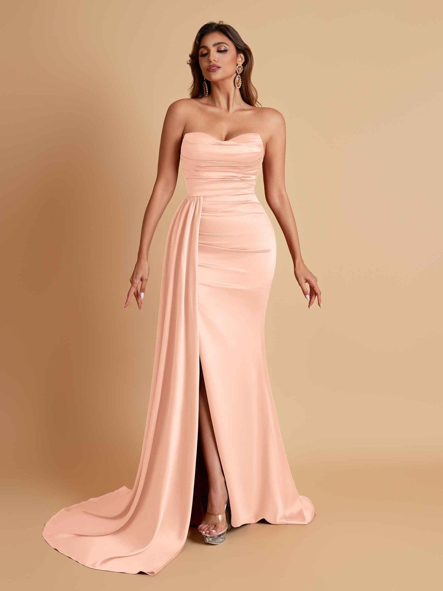 Elegant Soft Satin Sweetheart Strapless Side-Slit Mermaid Bridesmaid Dresses