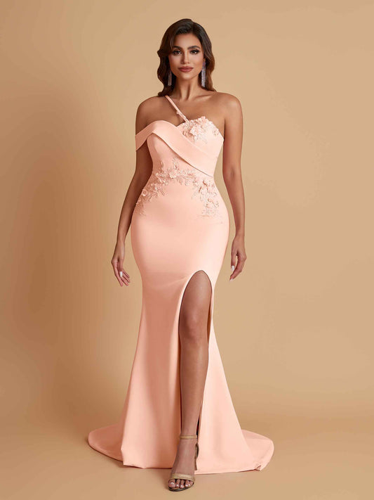 Sexy Soft Satin Mermaid One Shoulder Asymmetrical Side Slit Floor-Length Bridesmaid Dresses
