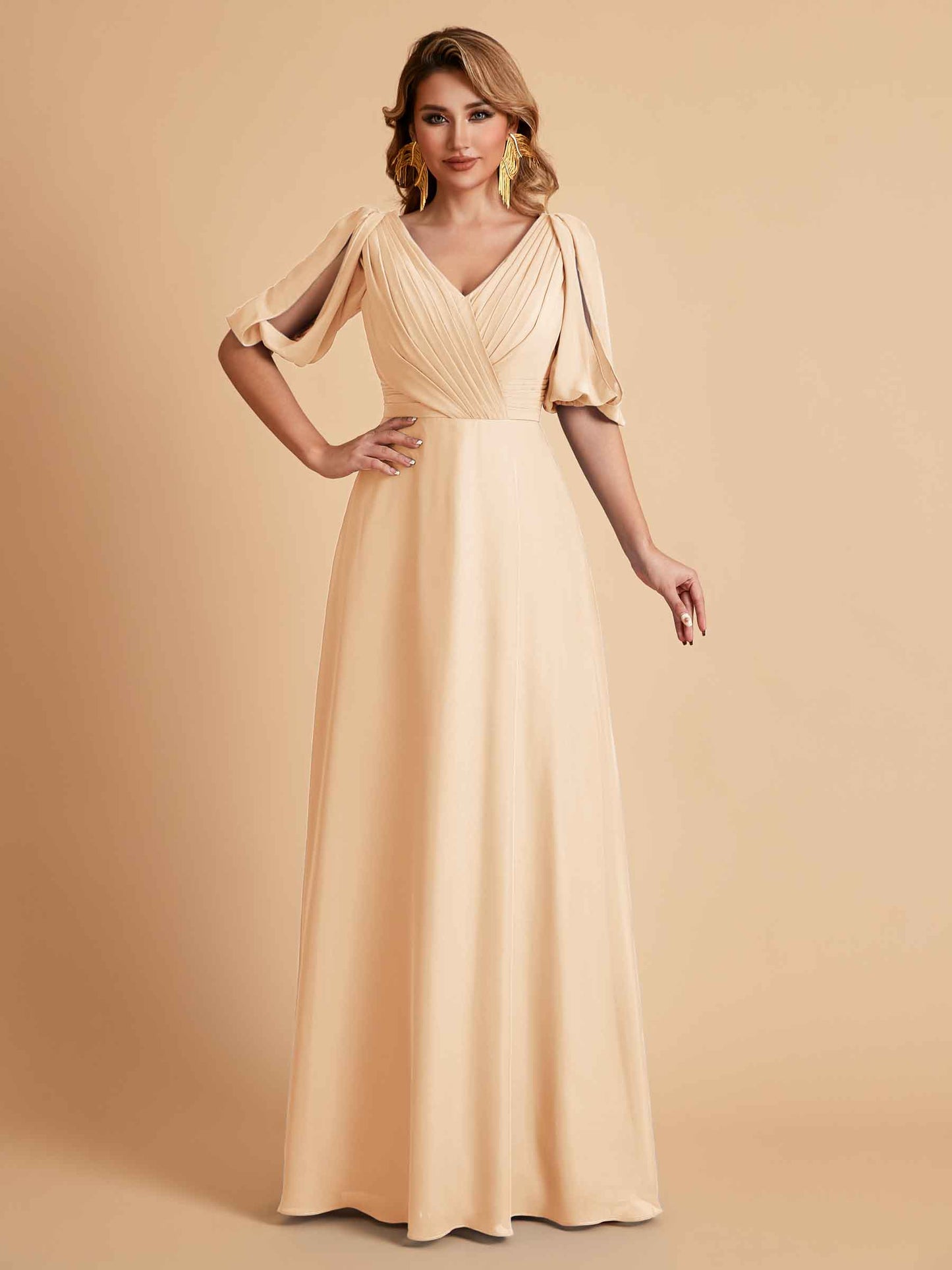 Elegant A-Line Chiffon Half Sleeves V-Neck Mother of the Brides Dresses Online