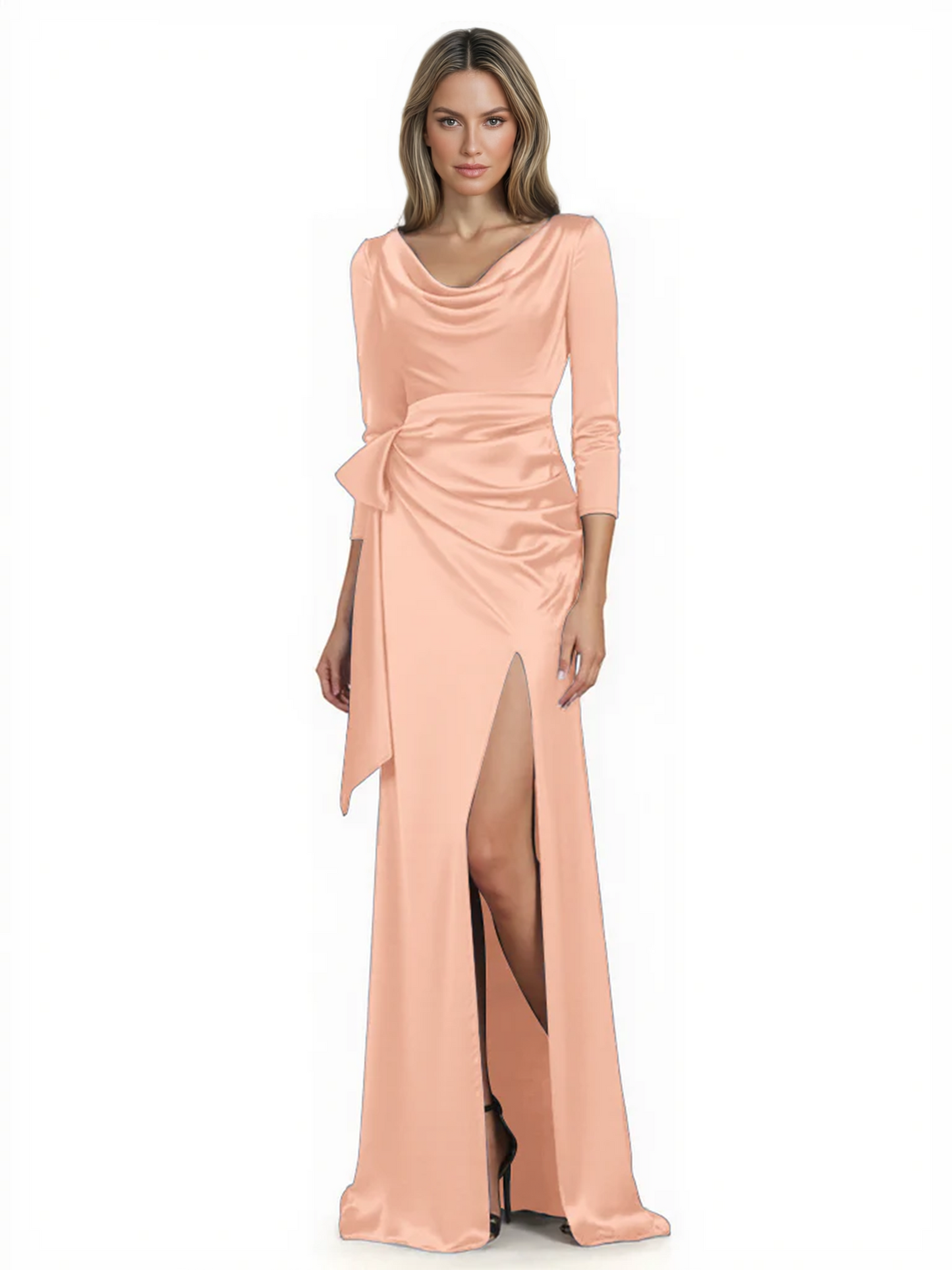 Elegant Evening Gowns Slit Trending Styles Satin Slit Formal Dress Cowl Neckline Gown Tie