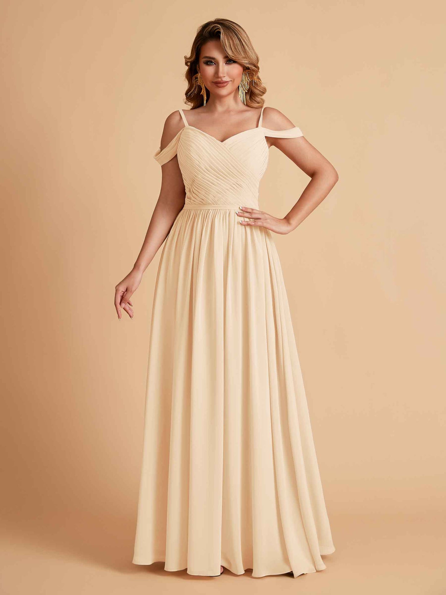 Elegant A-line Chiffon Off The Shoulder V-Neck Bridesmaid Dresses Online