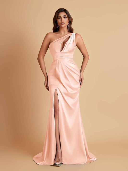 Sexy One Shoulder Soft Satin Side Slit Floor-Length Mermaid Bridesmaid Dresses