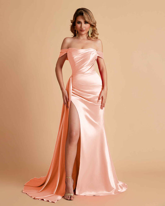 Satin Mermaid Off Shoulder Bridesmaid Dresses Sweetheart Floor Length with Train