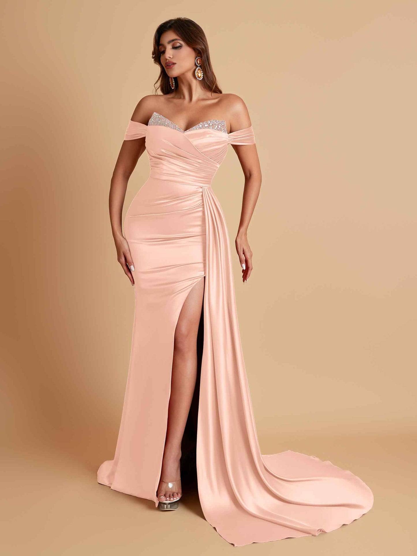 Gorgeous Soft Satin V-neck Off-the-Shoulder Side-Slit Mermaid Bridesmaid Dresses
