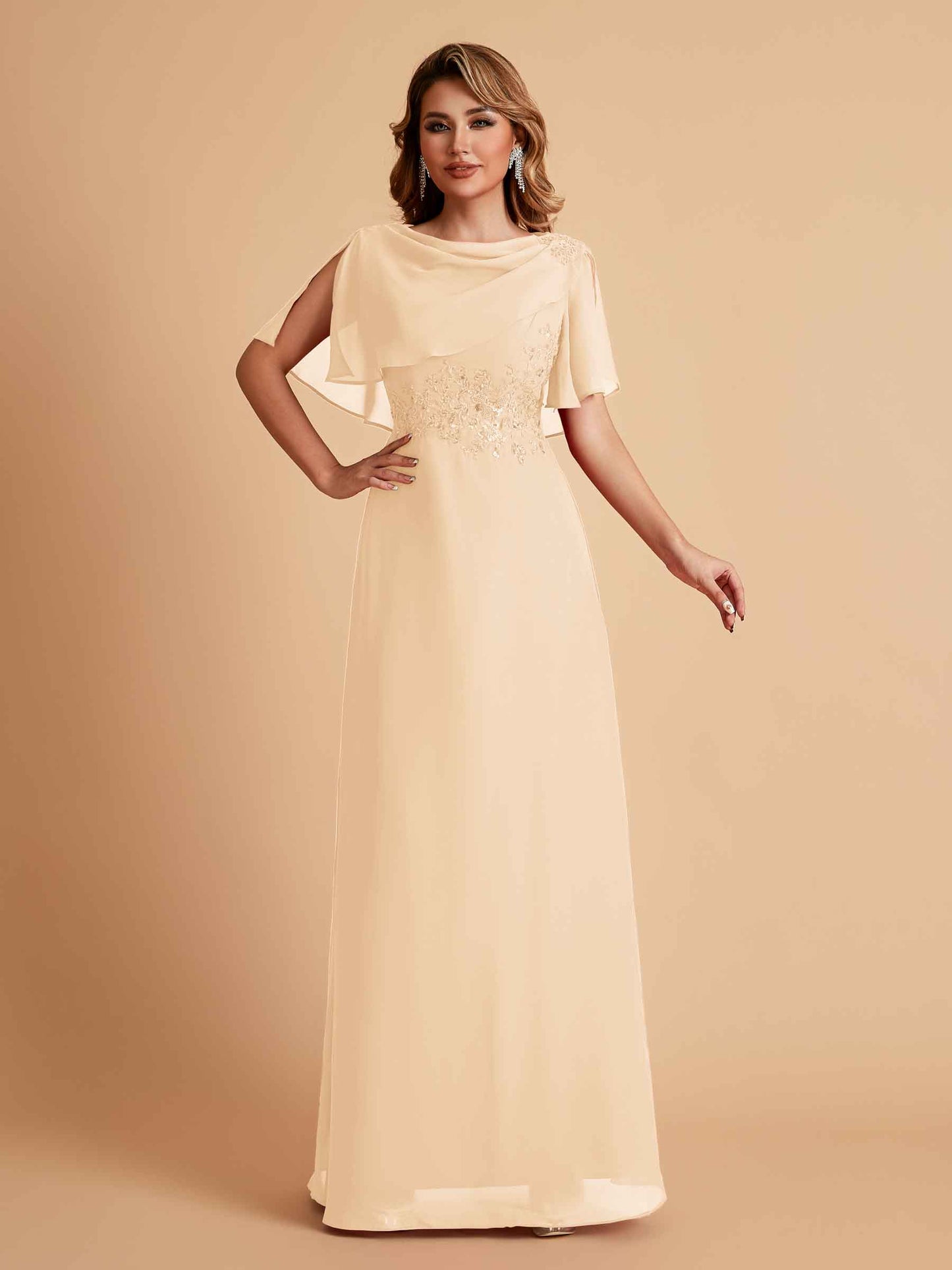 Elegant A-Line Chiffon Half Sleeves Jewel Mother of the Brides Dresses Online
