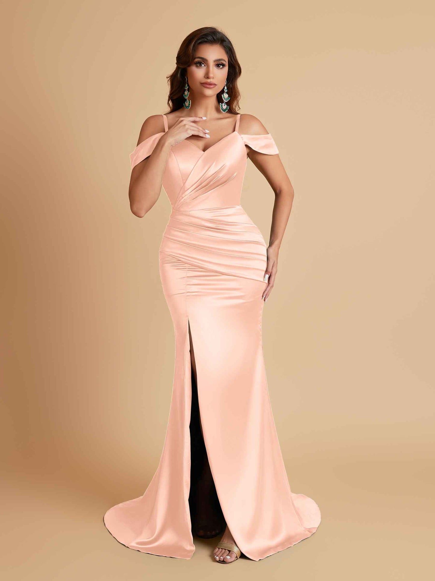 Sexy Soft Satin Mermaid Off Shoulder Side Slit Floor-Length Mermaid Bridesmaid Dresses
