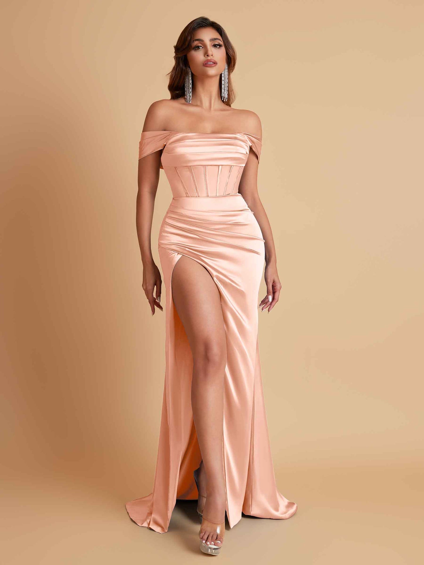 Sexy Off the Shoulder Soft Satin Side Slit Floor-Length Mermaid Bridesmaid Dresses