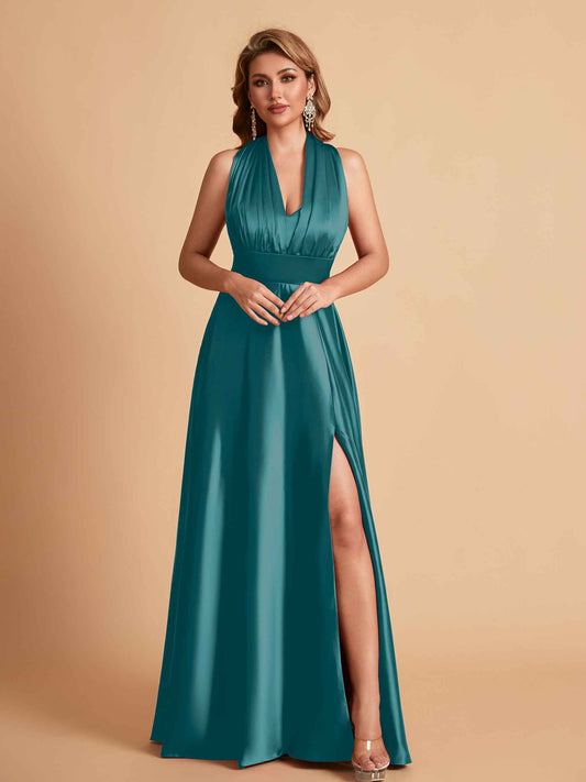 Sexy Satin A-line Convertible Side Slit Maxi Long Bridesmaid Dresses Online