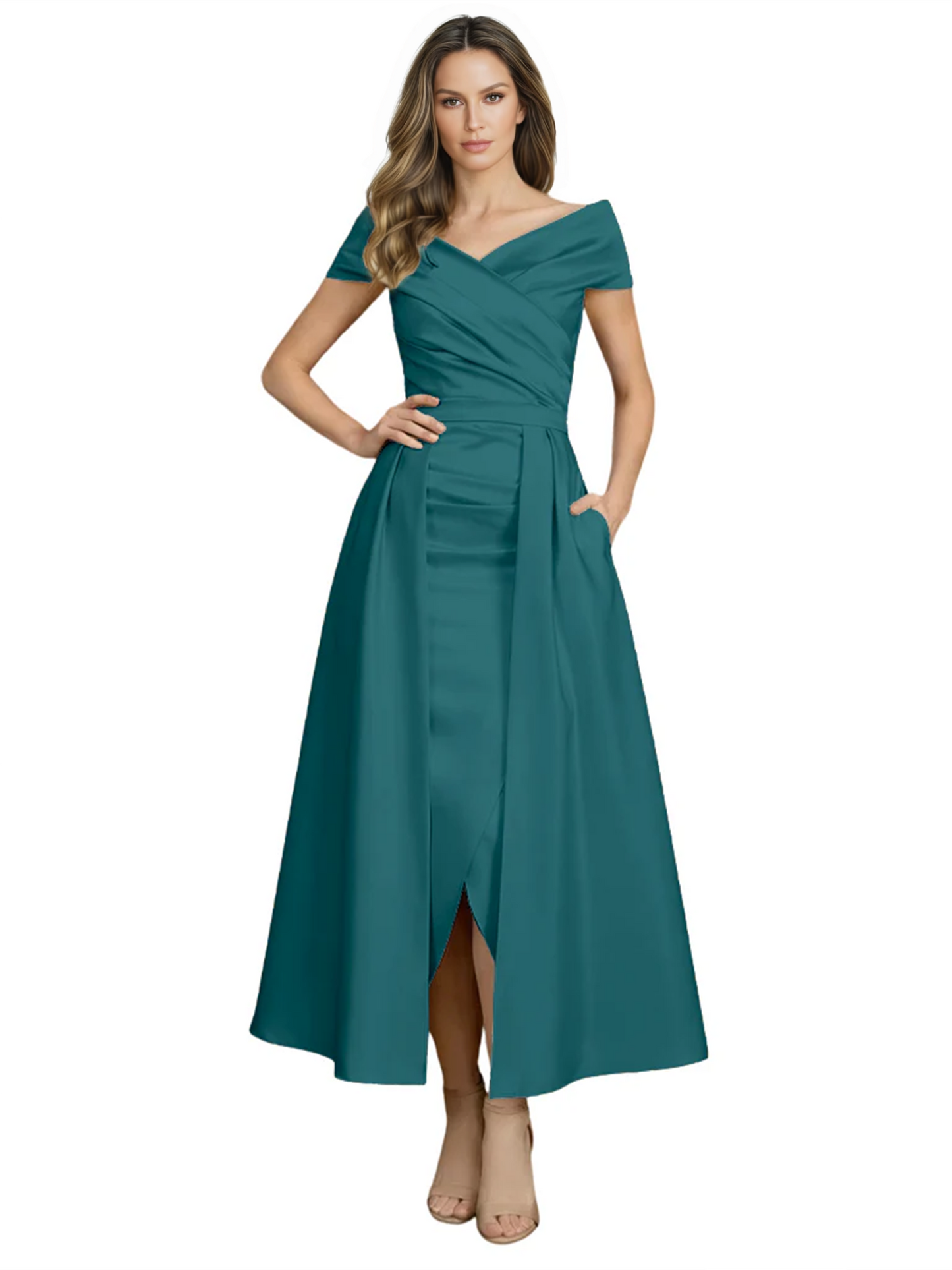 Formal Floor-Length Mother of the Bride Gown Satin Maxi Dress with Slit Off Shoulder