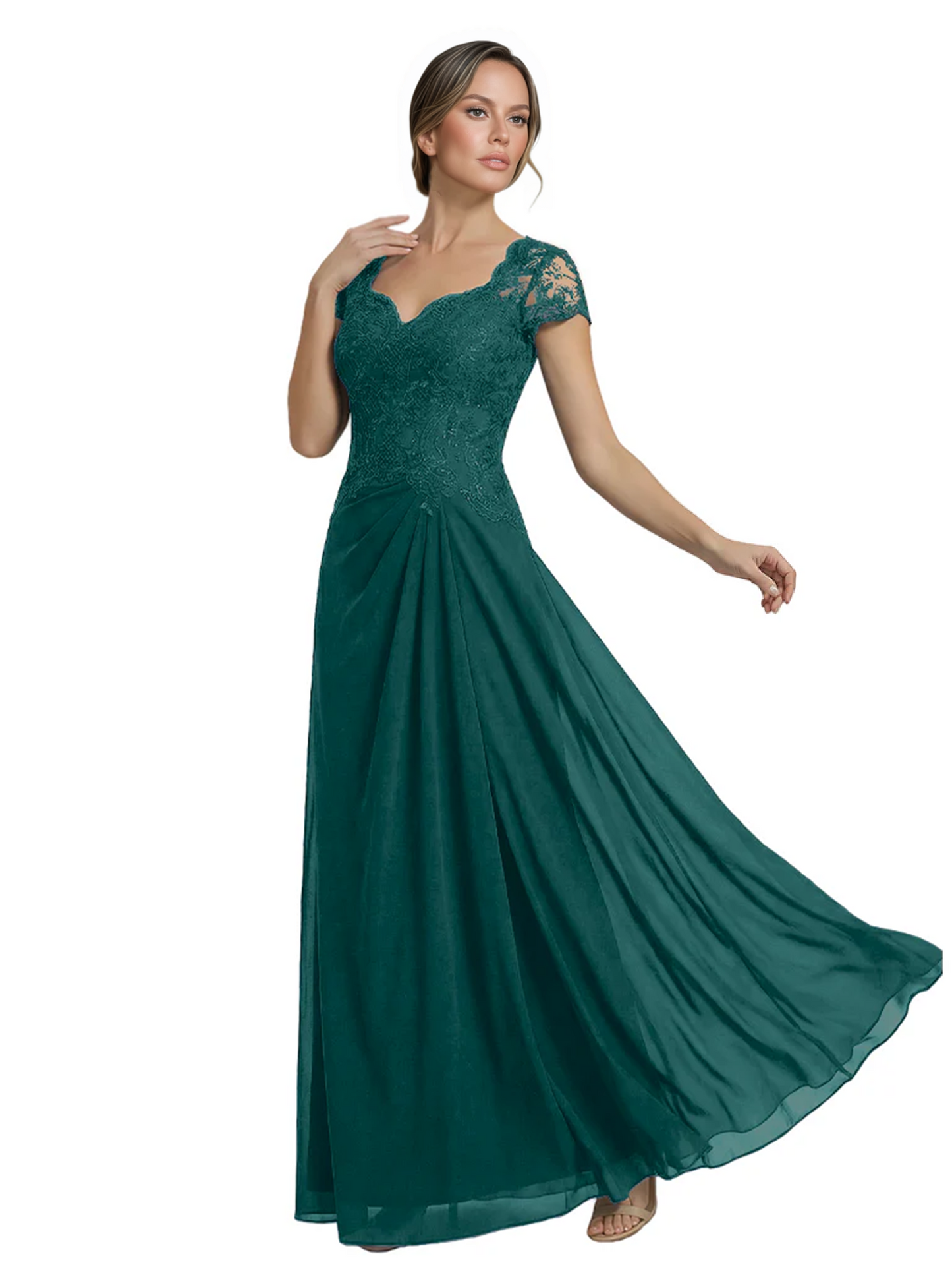 Long A-line Chiffon Short Sleeves Mother of the Brides Dresses Lace Wedding
