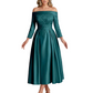 Off Shoulder Mother of the Bride Dress Tea-Length Satin Gown with Lace Applique