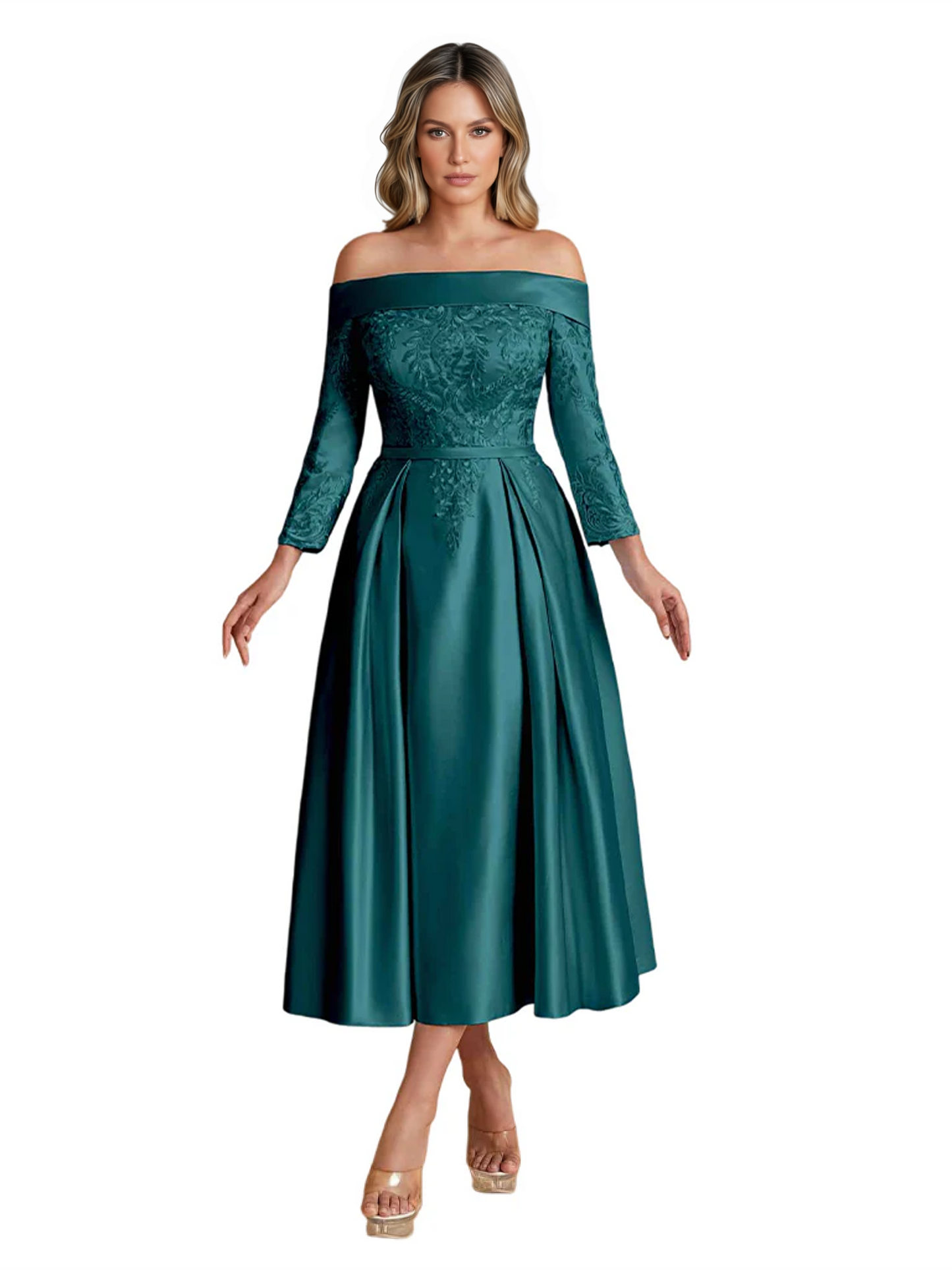 Off Shoulder Mother of the Bride Dress Tea-Length Satin Gown with Lace Applique