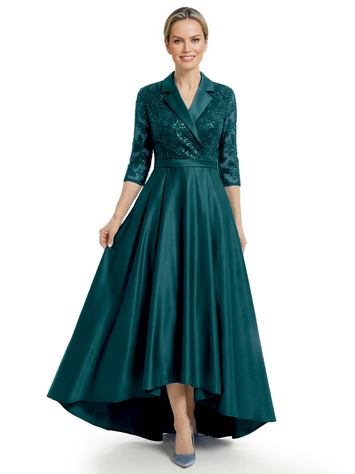 Elegant Mother of Bride Dress Evening Gowns Trending Styles with Lapel Collar 3/4 Sleeves