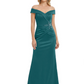 Off Shoulder Mother of the Bride Dress Beaded Waist Satin Gown Portrait Neckline