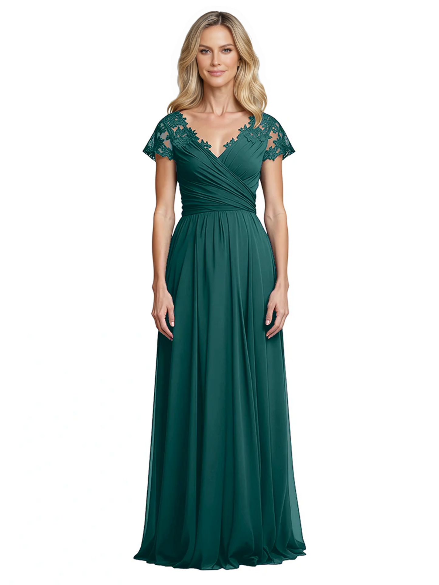 Mother of the Bride Dress Cap Sleeves and V-Neckline with Embroidered Lace Shoulders