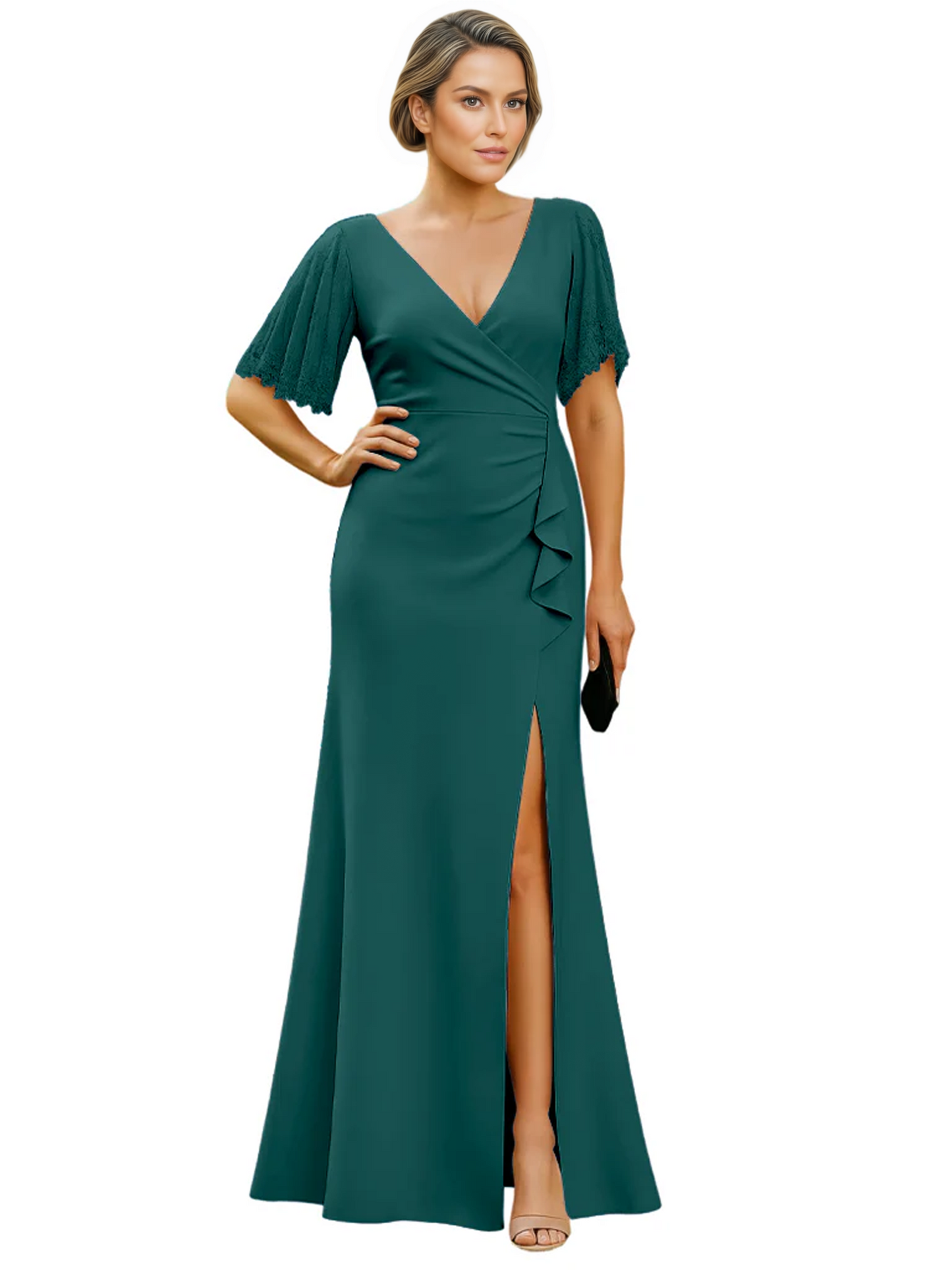 Elegant Evening Gown Trending V-Neck & Ruffle Detail Mother of Bride Outfits Slit