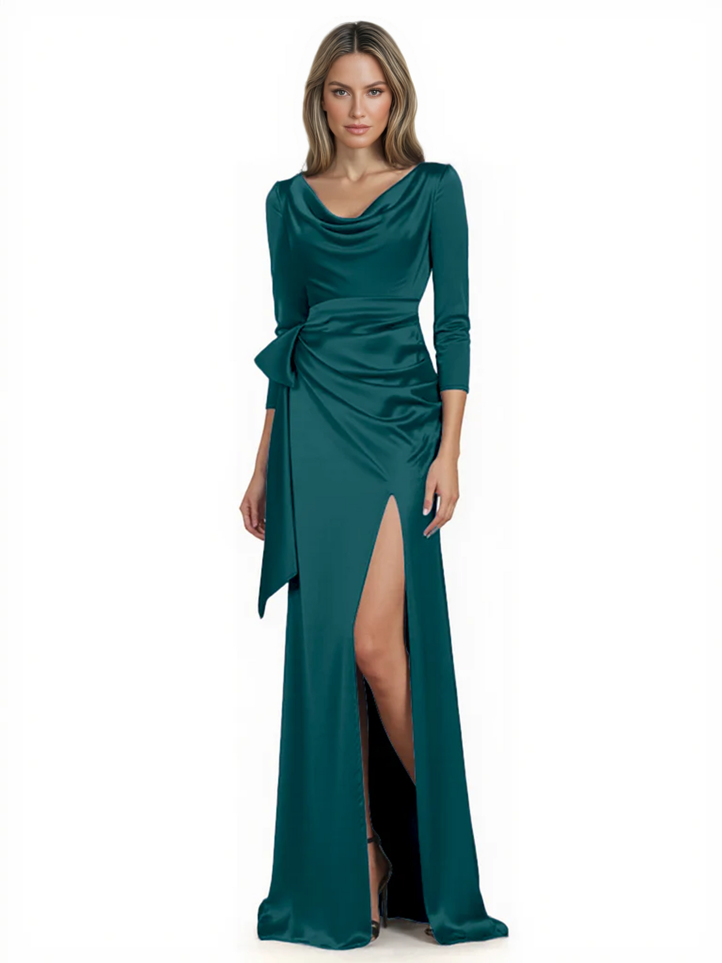 Elegant Evening Gowns Slit Trending Styles Satin Slit Formal Dress Cowl Neckline Gown Tie
