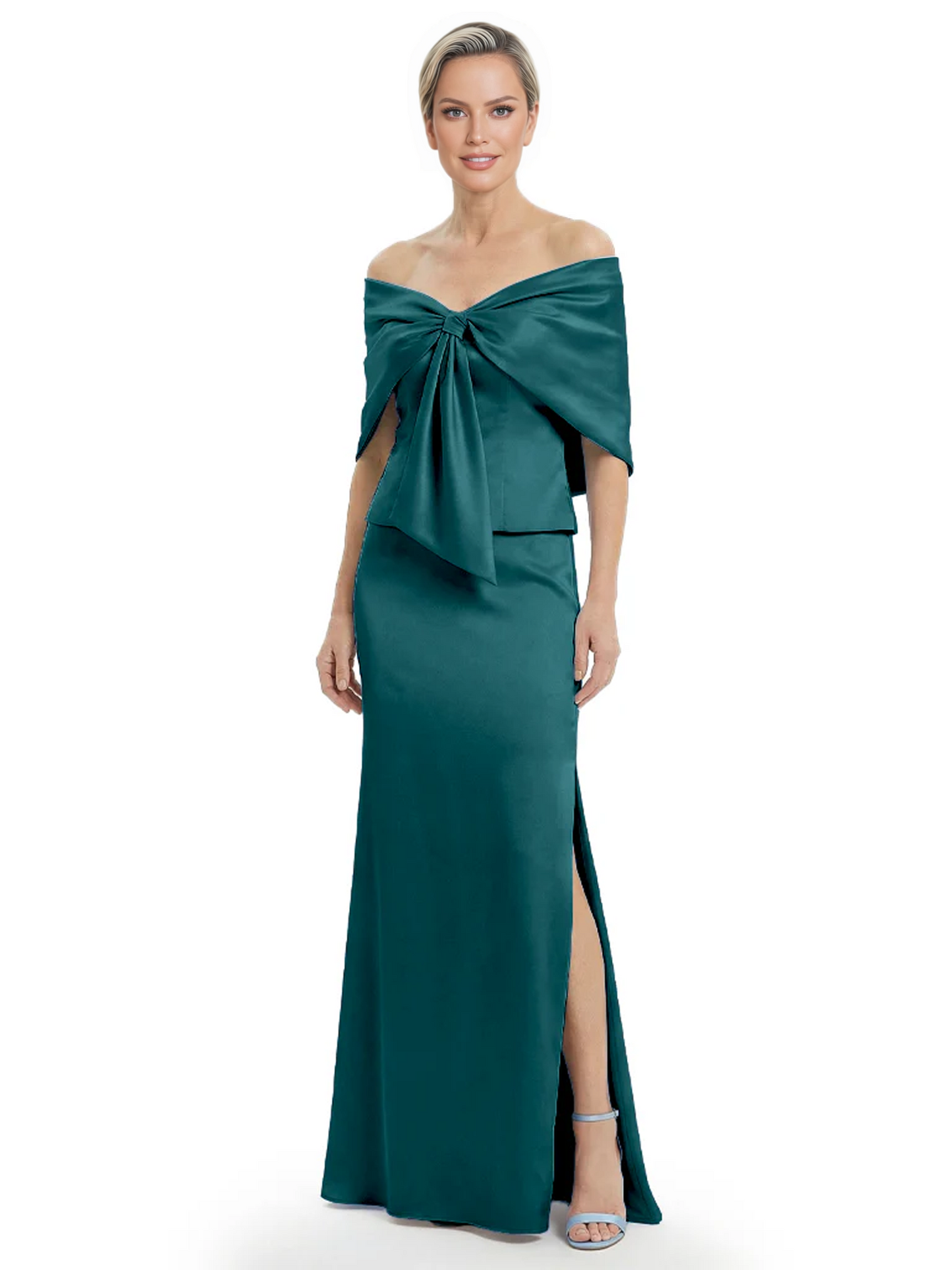 Formal Floor-Length Mother of the Bride Gown Satin Maxi Dress with Bow Neckline