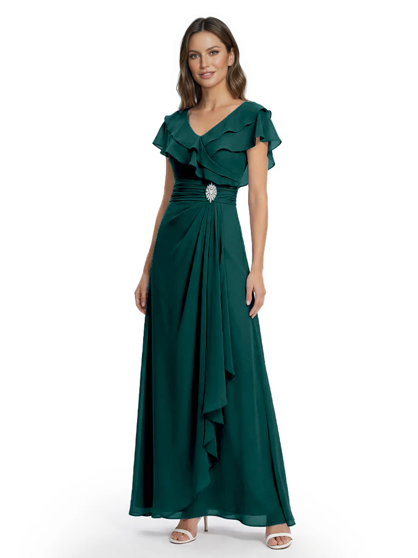 Elegant Mother of the Groom Dress Cascading Ruffle Chiffon Formal Gown Rhinestone