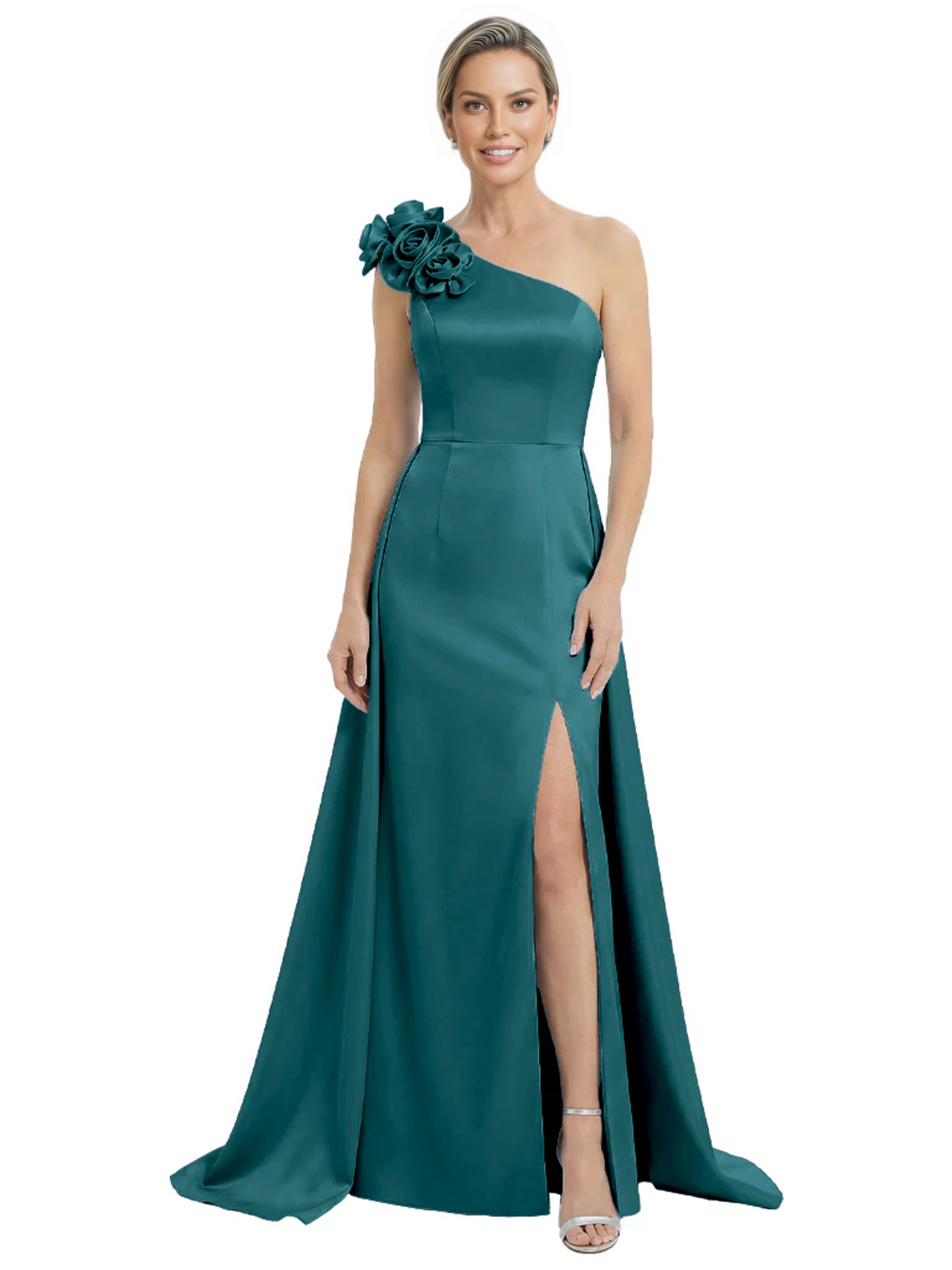 One Shoulder Mother of the Bride Dress with 3D Floral Detail Formal Dress A-Line Gowns with Slit